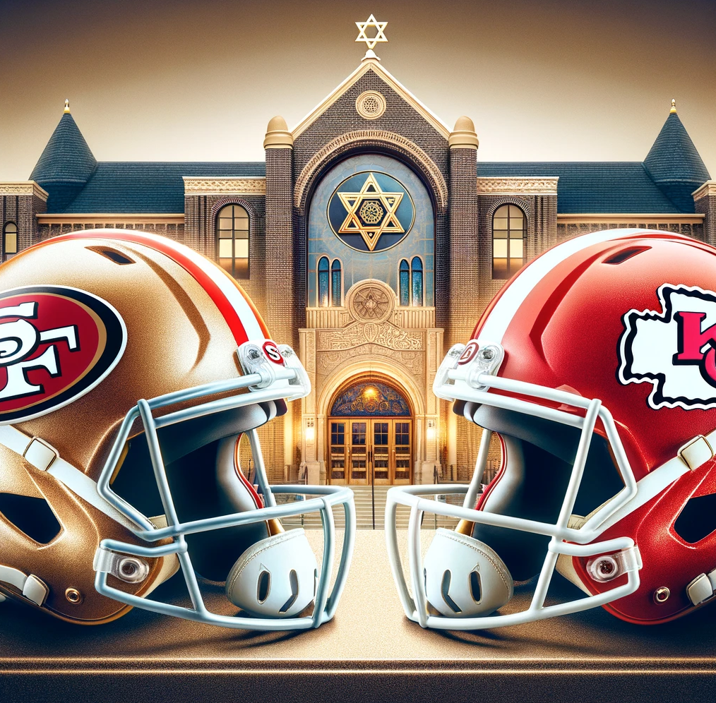 Football helmets in front of a synagogue